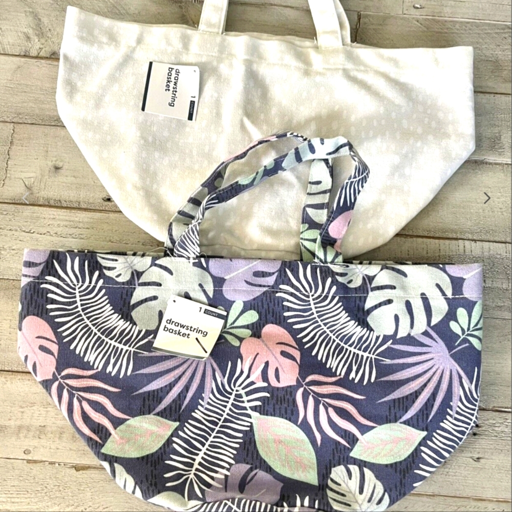 2 Pack Canvas Drawstring Basket Tote Bag Monstera Plants Storage Beach Grocery